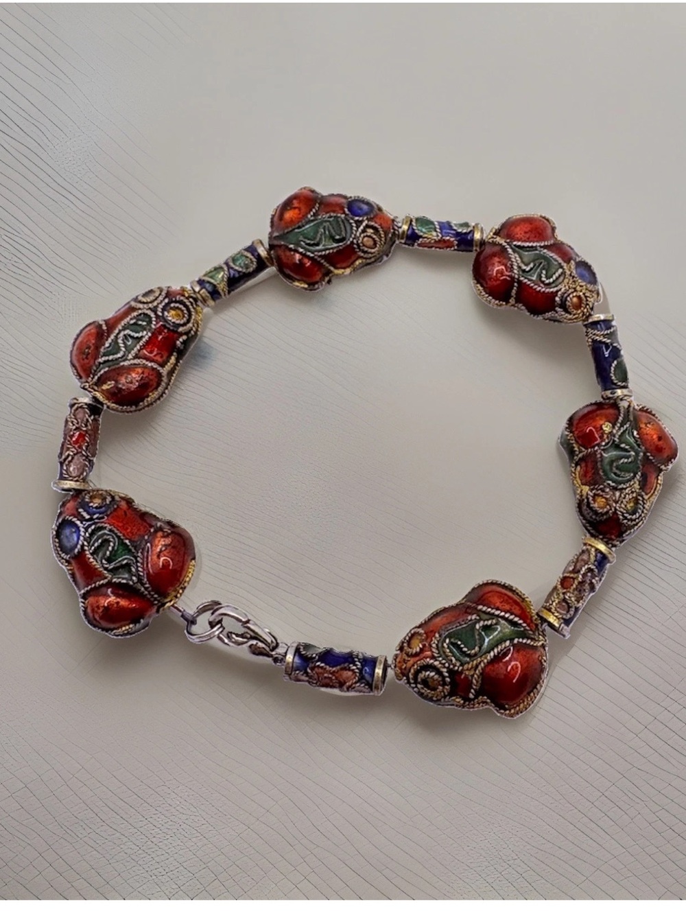Vintage Cloisonné Frog Bracelet Barrel Beads Red Blue Green Tennis 6.5” **Read